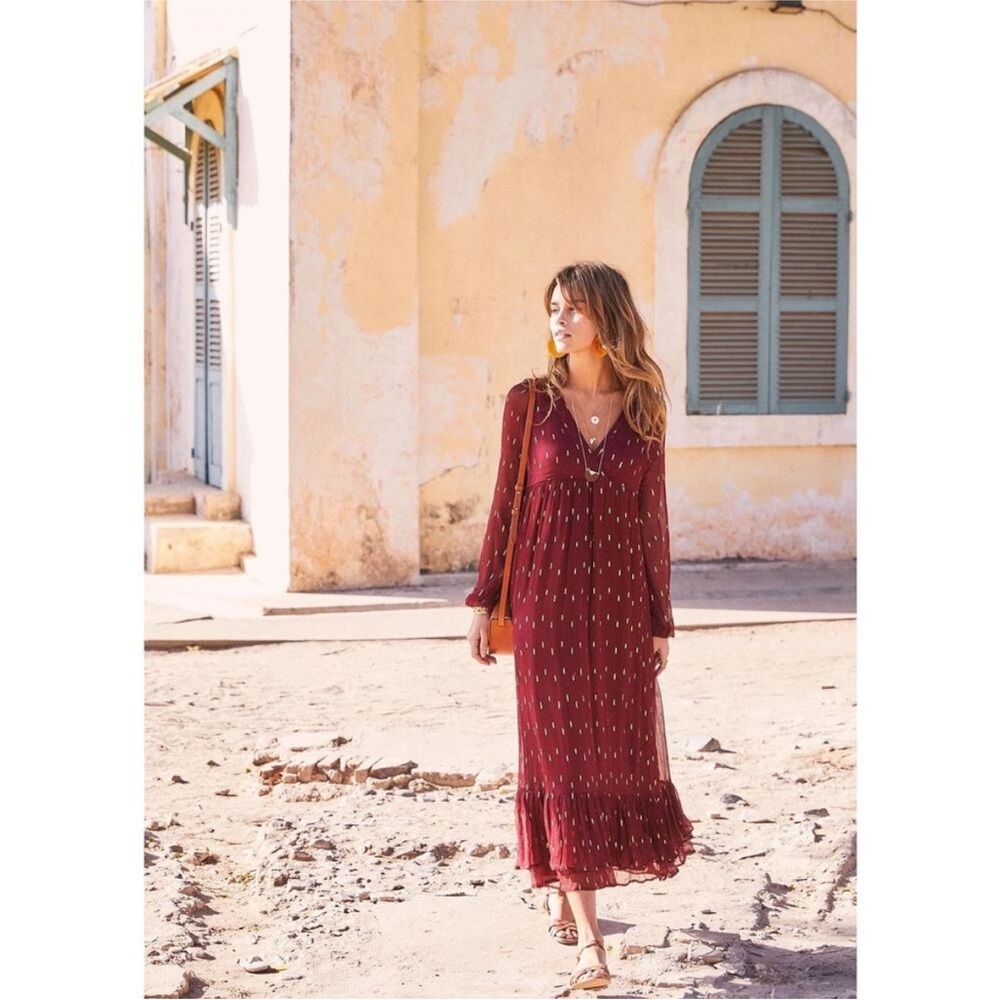 Sezane burgundy Robe Cleste bourdeaux sheer metallic long sleeve V neck dress